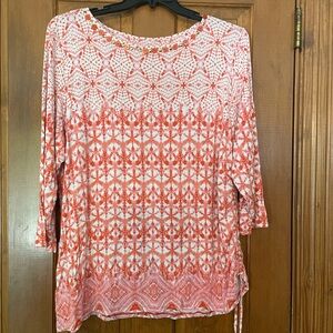 Ruby Rd. Coral, Pink, and White‎ Geometric Blouse with Side Tie, Size 2X